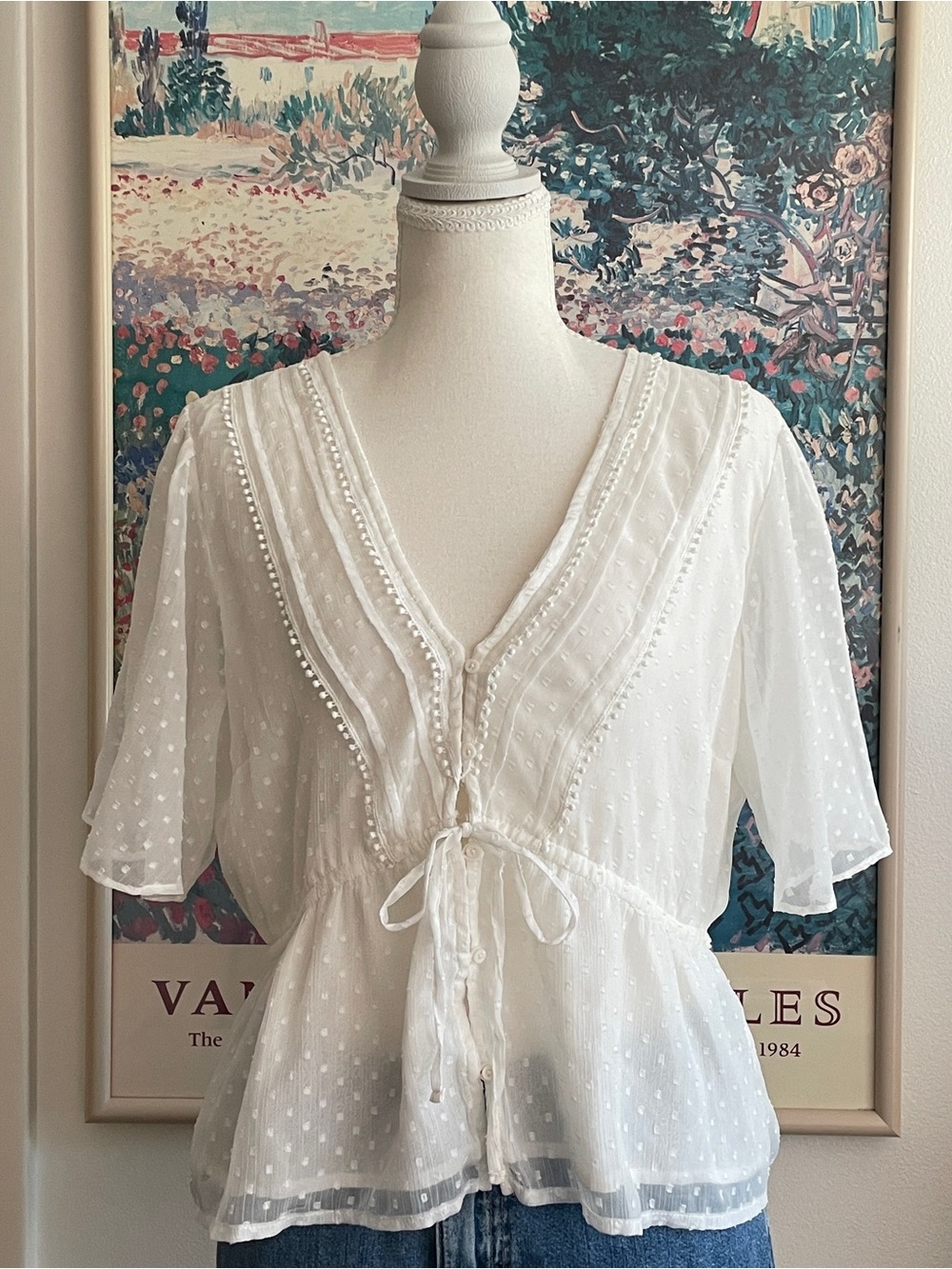 Abercrombie & Fitch White Peasant Top Large Swiss Dot Sheer Flutter Cottagecore